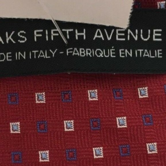 SAKS FIFTH AVENUE SILK NECK TIE RED WITH BLUE WHITE SQUARES NECKTIE - Picture 3 of 6